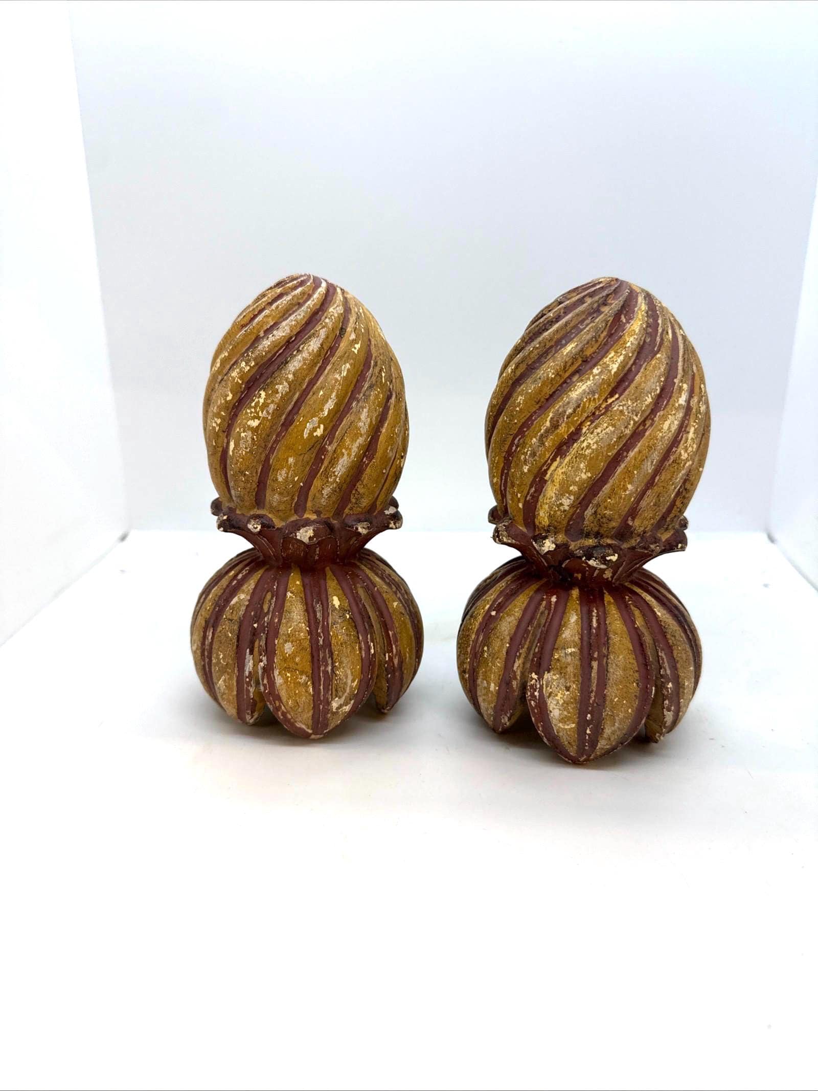 Hand Carved Vintage Wood Curtain Finials Swirled Red and Yellow