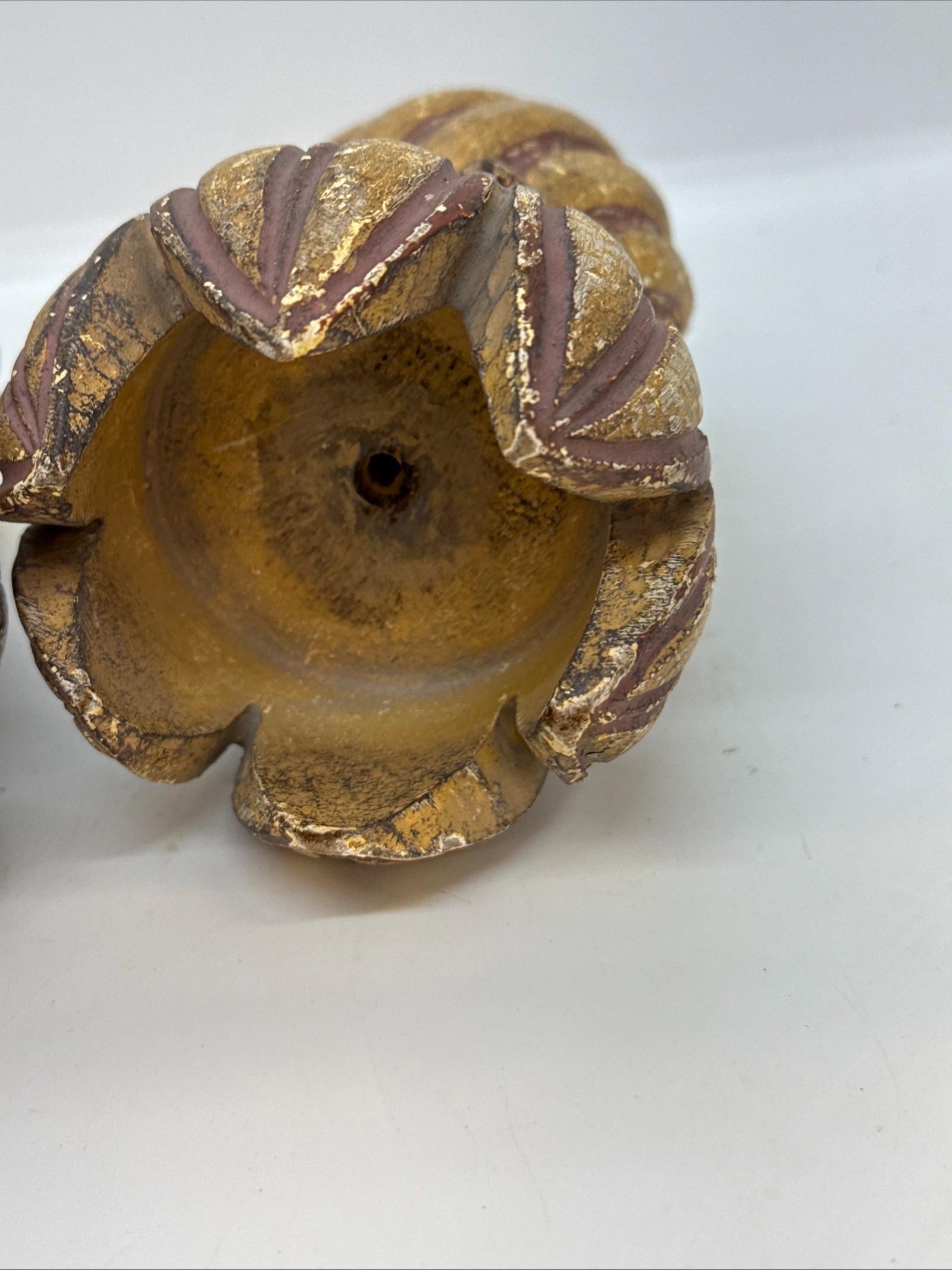 Hand Carved Vintage Wood Curtain Finials Swirled Red and Yellow