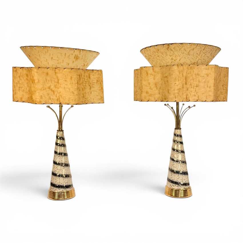 Atomic Swirl Lamp Pair, Mid Century Decorative Table Lamp Pair, Retro Space Age Atomic Lighting Pair, Fiberglass Shades