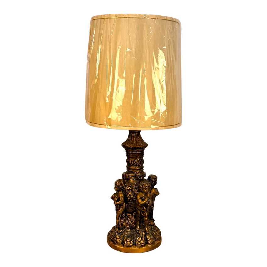 Monumental Chalkware Hand Painted Cherub Lamp, Sculpted Figural Table Lamp, Vintage Baroque Chalkware Lamp