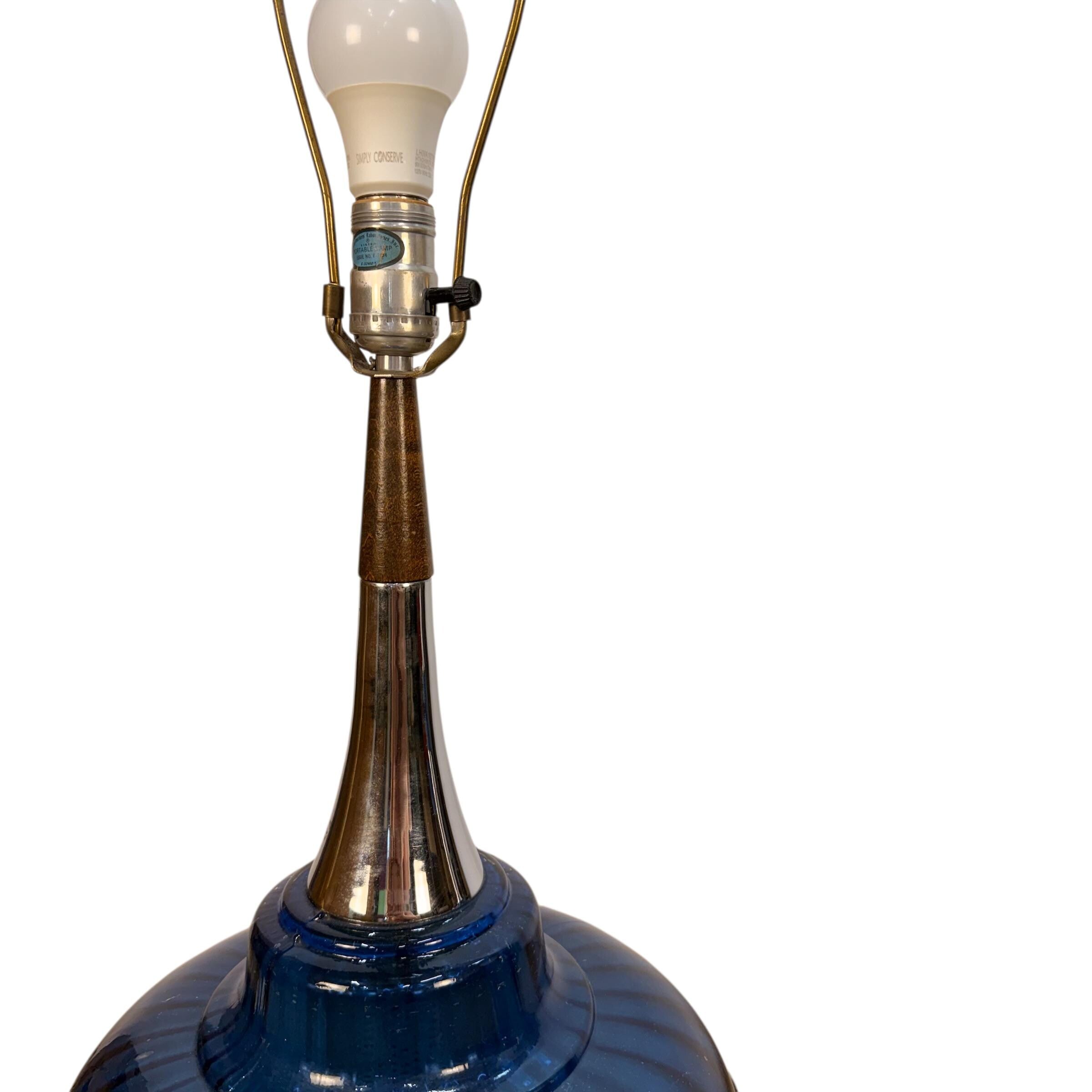 Vintage MCM Cobalt Glass Lamps, Blue Pair Vintage Lighting, Mid Century Retro Table Lamps