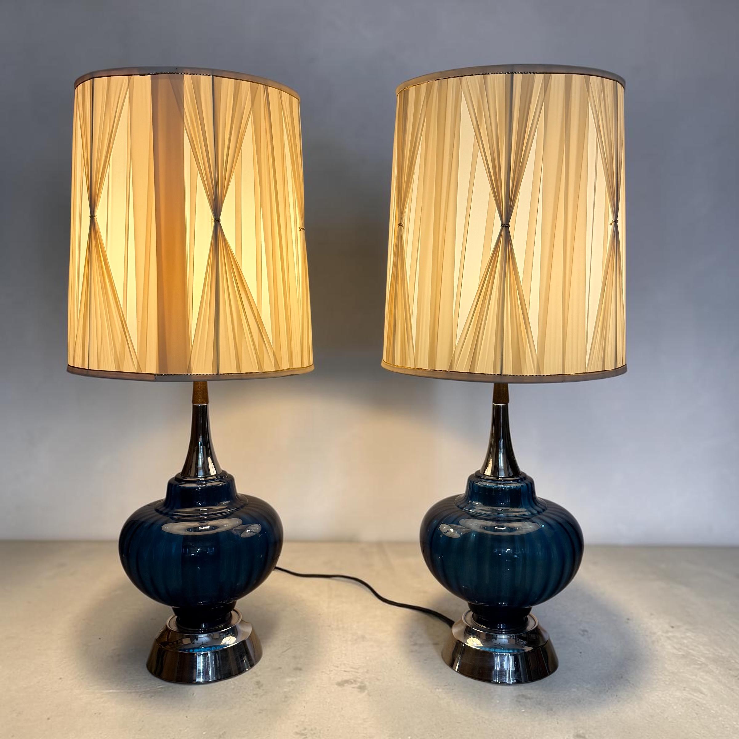 Vintage MCM Cobalt Glass Lamps, Blue Pair Vintage Lighting, Mid Century Retro Table Lamps