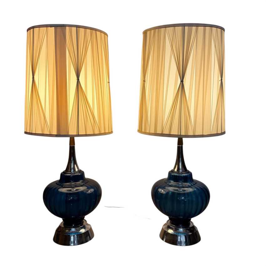 Vintage MCM Cobalt Glass Lamps, Blue Pair Vintage Lighting, Mid Century Retro Table Lamps