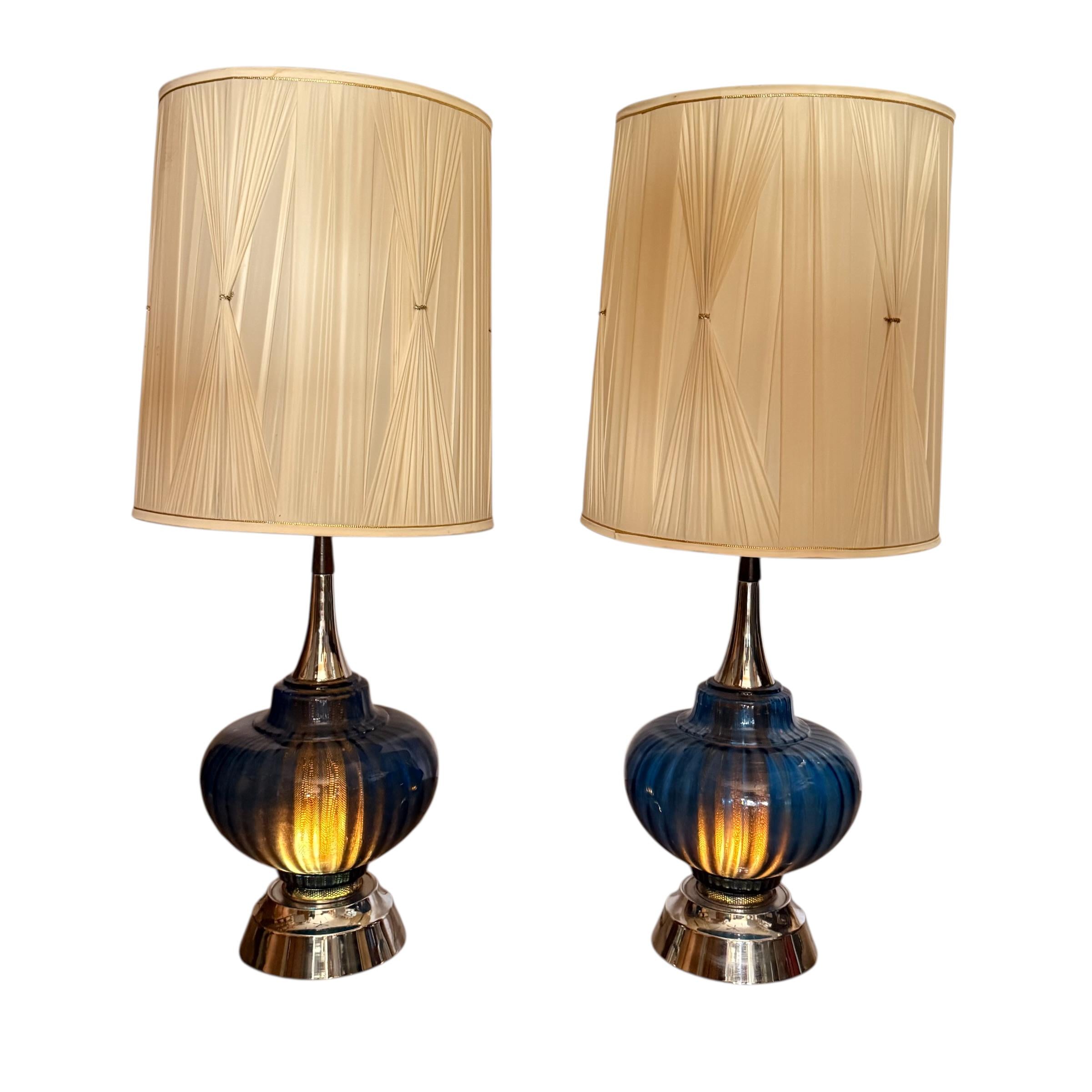 Vintage MCM Cobalt Glass Lamps, Blue Pair Vintage Lighting, Mid Century Retro Table Lamps