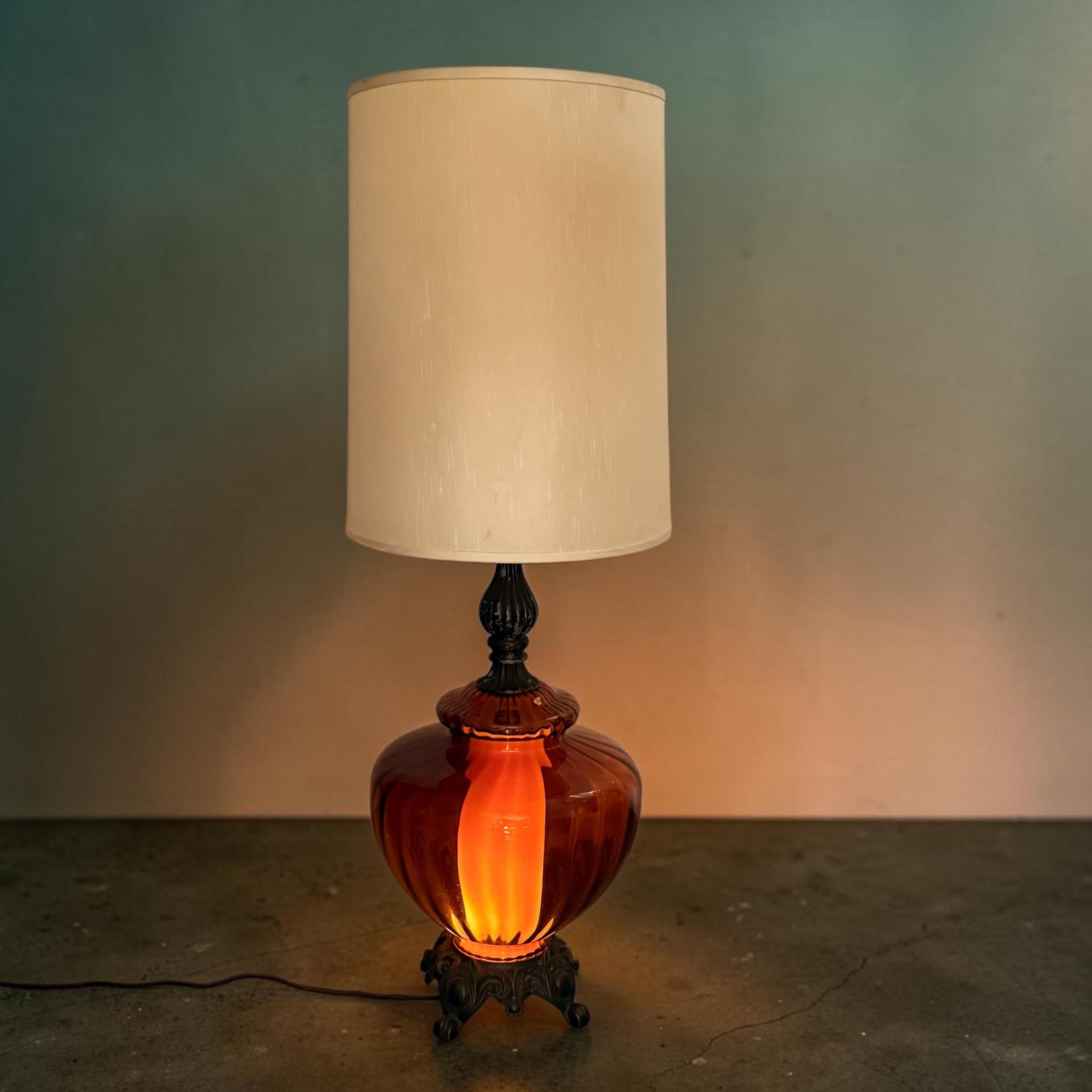 Large Amber Glass Mid Century Lamp, Hollywood Regency Vintage Lamp, Vintage Table Amber Lamp