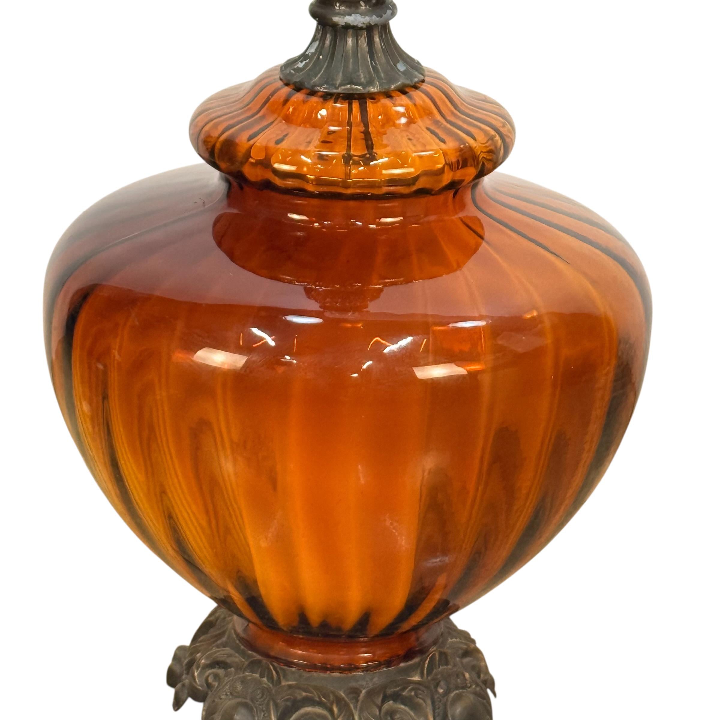 Large Amber Glass Mid Century Lamp, Hollywood Regency Vintage Lamp, Vintage Table Amber Lamp