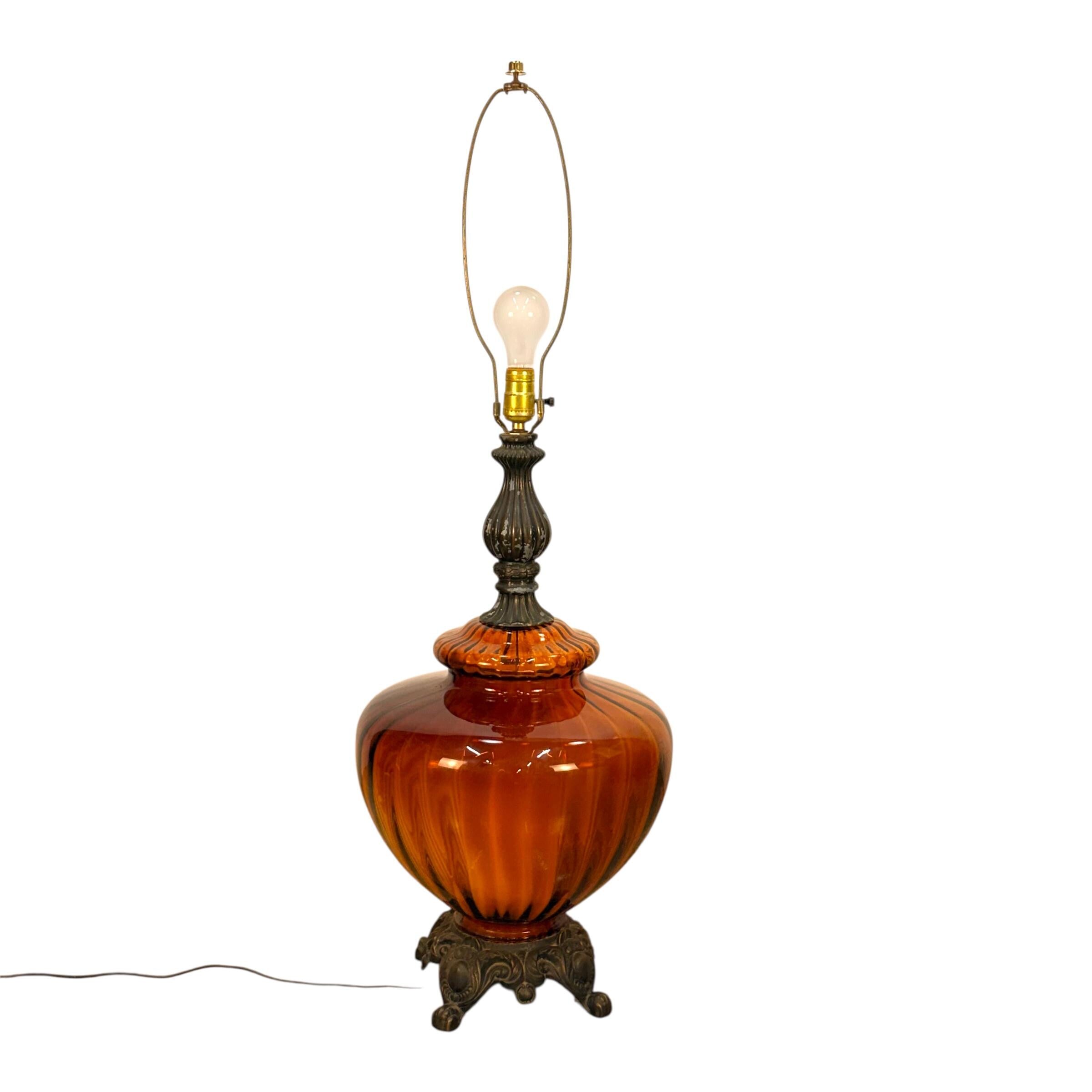 Large Amber Glass Mid Century Lamp, Hollywood Regency Vintage Lamp, Vintage Table Amber Lamp