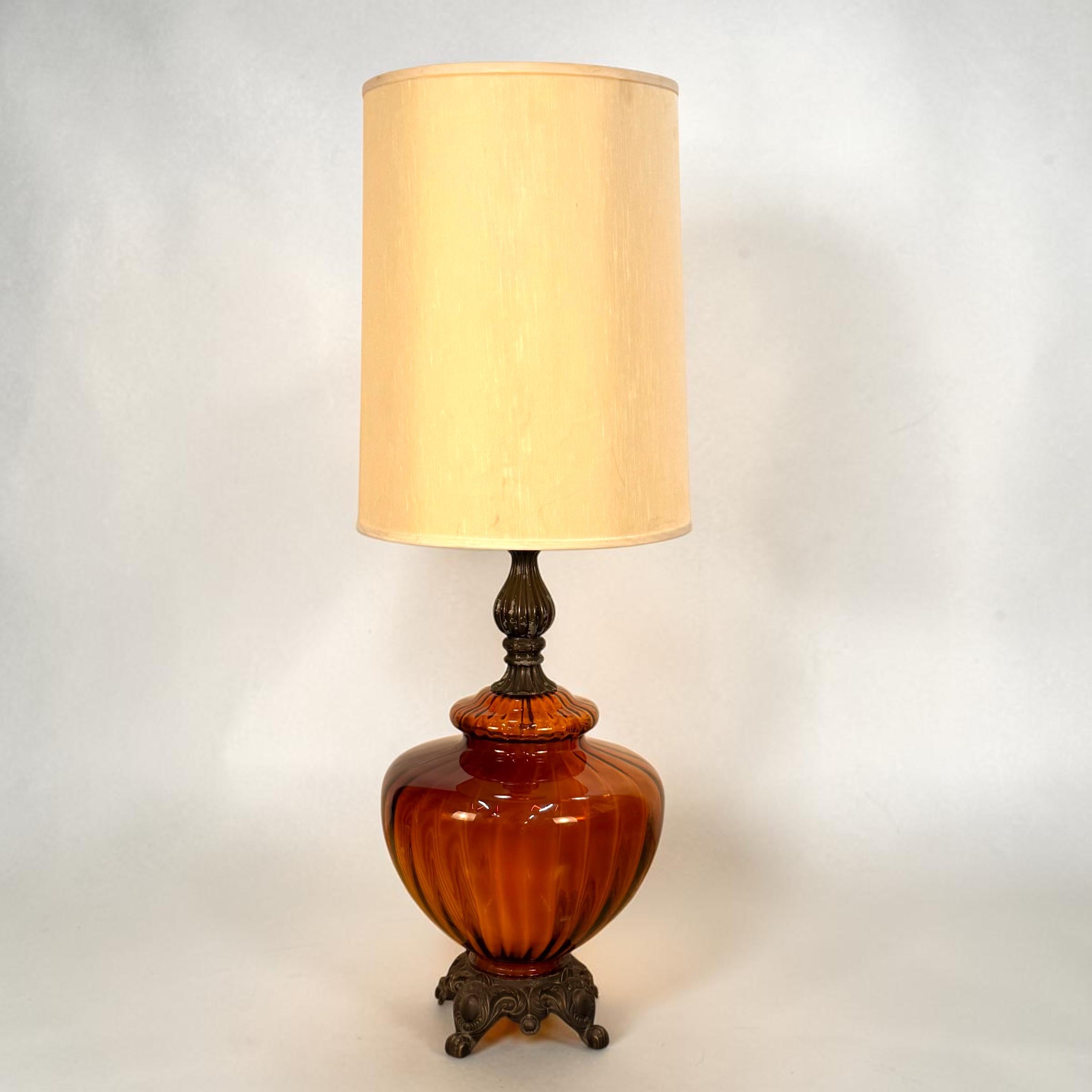 Large Amber Glass Mid Century Lamp, Hollywood Regency Vintage Lamp, Vintage Table Amber Lamp