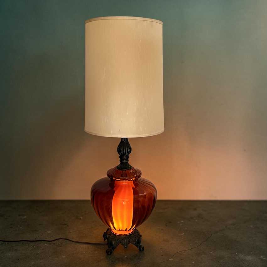 Large Amber Glass Mid Century Lamp, Hollywood Regency Vintage Lamp, Vintage Table Amber Lamp