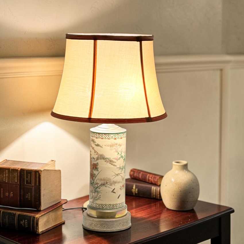 Hand Painted Japanese Decorative Cylinder Vase Lamp, Tabletop Table Lamp, Accent Floral Painted Vase Lamp