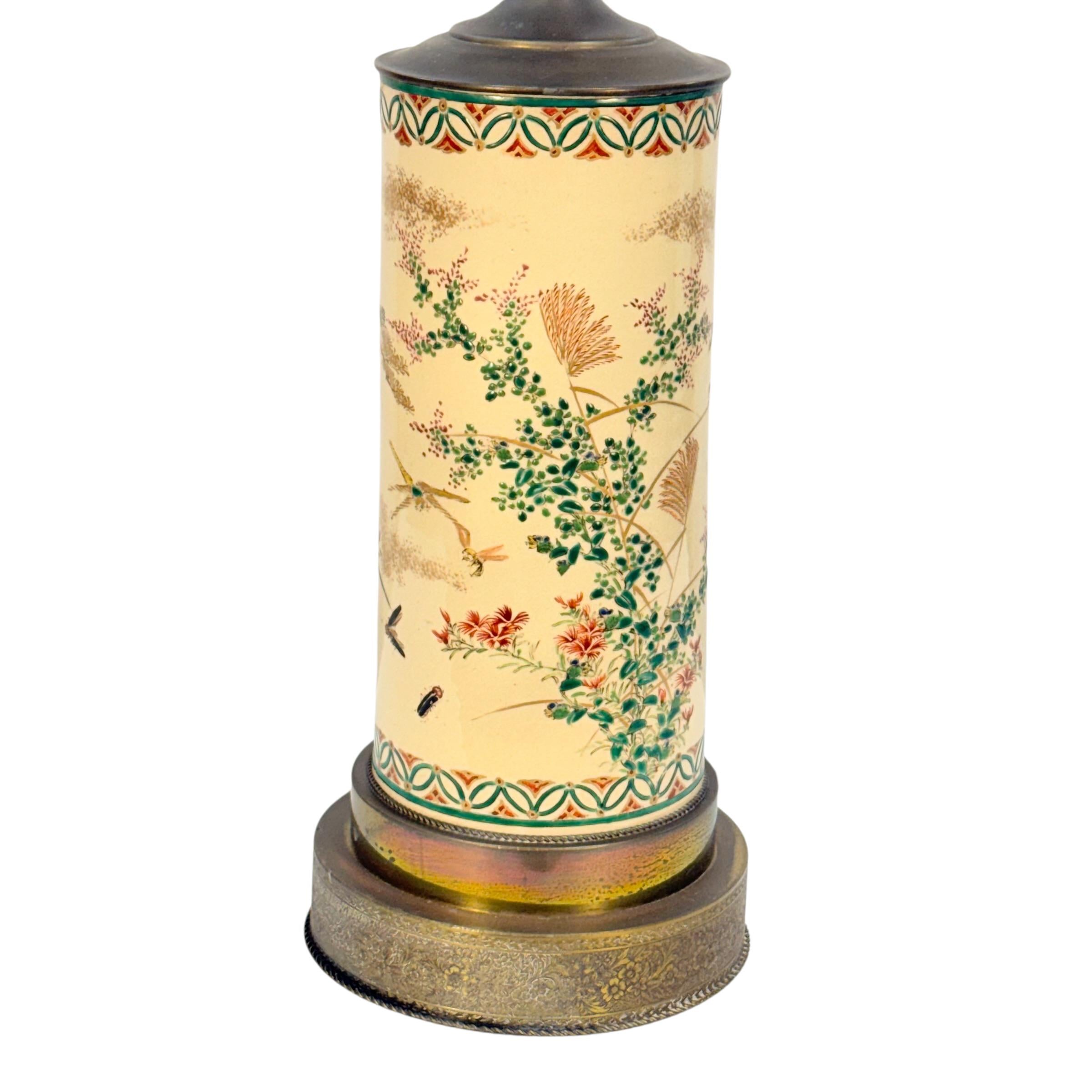 Hand Painted Japanese Decorative Cylinder Vase Lamp, Tabletop Table Lamp, Accent Floral Painted Vase Lamp
