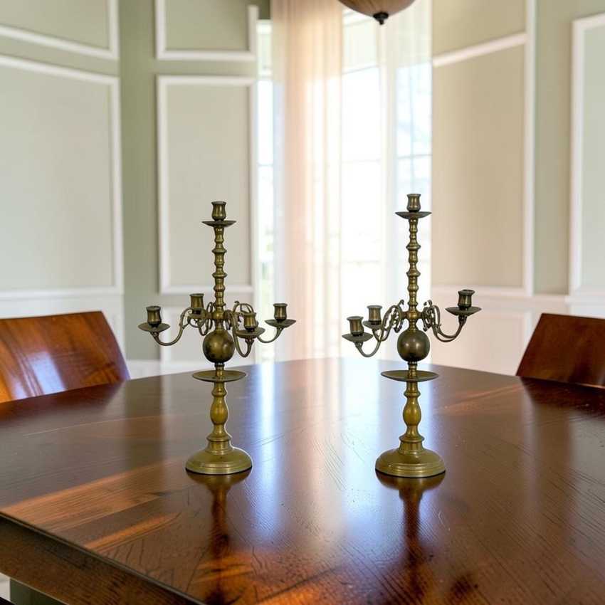 5 Arm Dutch Style Brass Candelabras, Vintage Ornate Brass Candlesticks, Pair Traditional Brass Candle Holders
