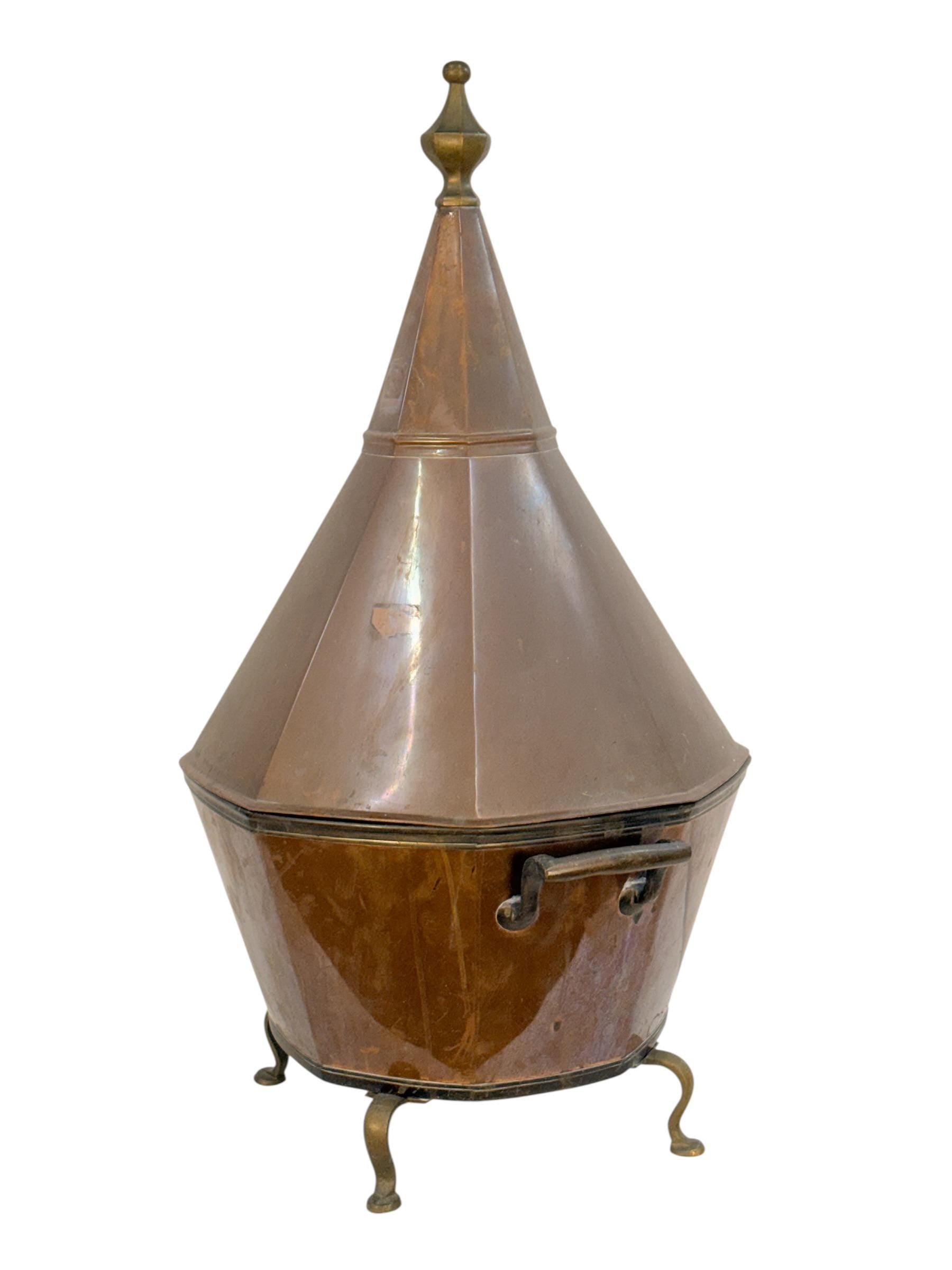 Antique Octagonal Copper and Brass Pagoda Form Lidded Coal or Kindling Bin | Large Copper Vessel