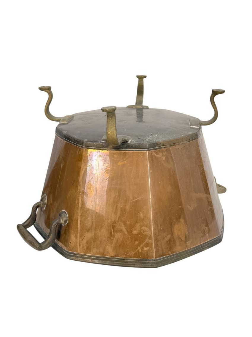 Antique Octagonal Copper and Brass Pagoda Form Lidded Coal or Kindling Bin | Large Copper Vessel