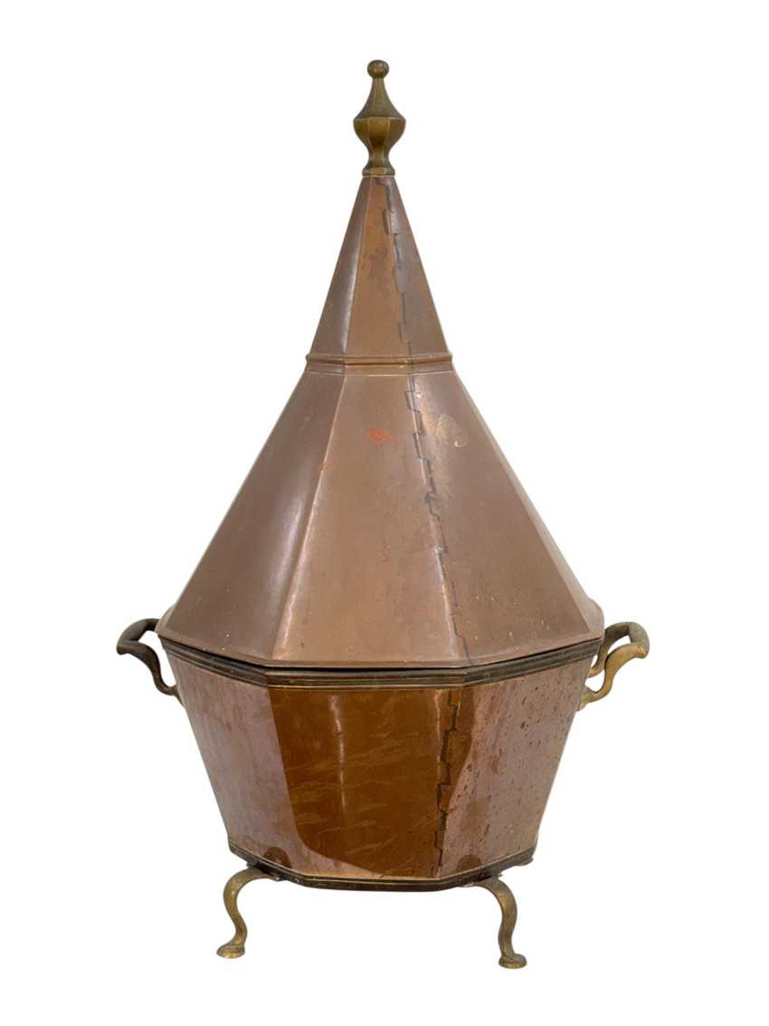 Antique Octagonal Copper and Brass Pagoda Form Lidded Coal or Kindling Bin | Large Copper Vessel