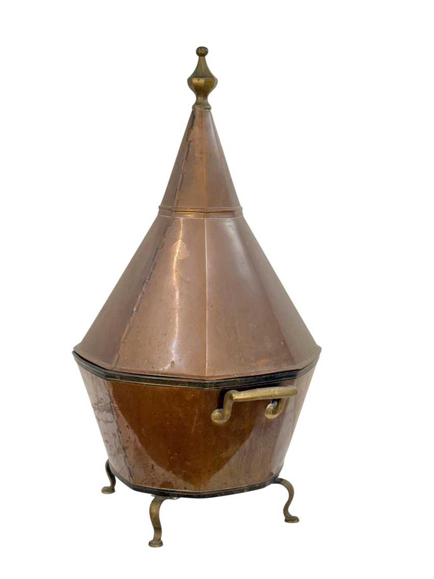 Antique Octagonal Copper and Brass Pagoda Form Lidded Coal or Kindling Bin | Large Copper Vessel