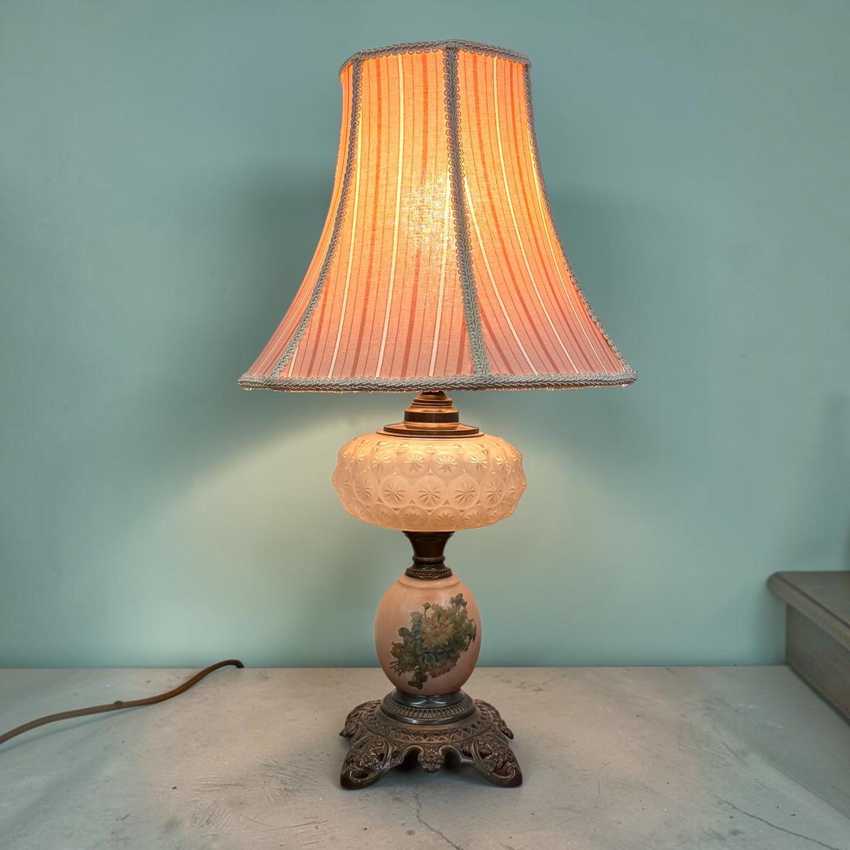 Electrified Glass Pressed Oil Lamp | Pink Floral Table Lighting | Vintage Star Electrified Lamp