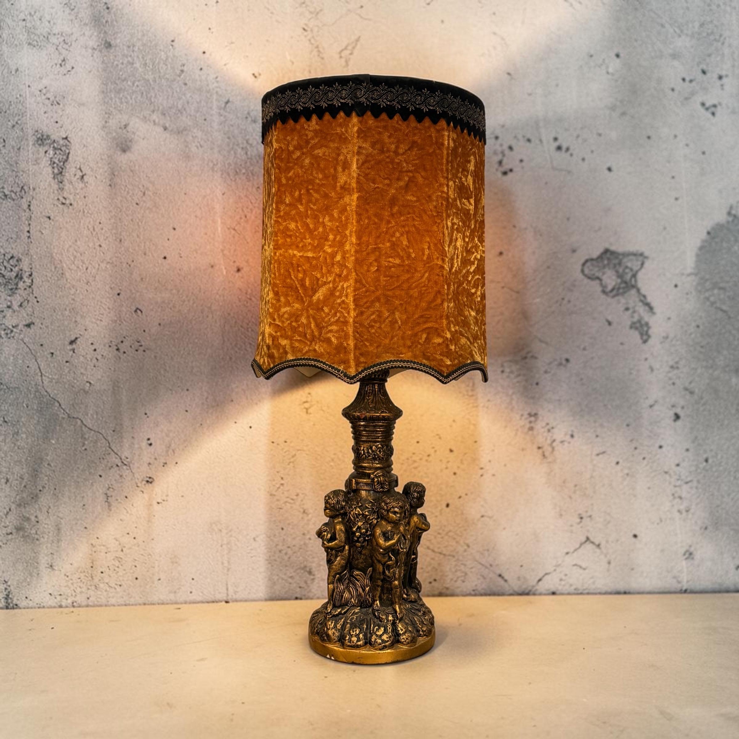 Monumental Chalkware Hand Painted Cherub Lamp, Sculpted Figural Table Lamp, Vintage Baroque Chalkware Lamp