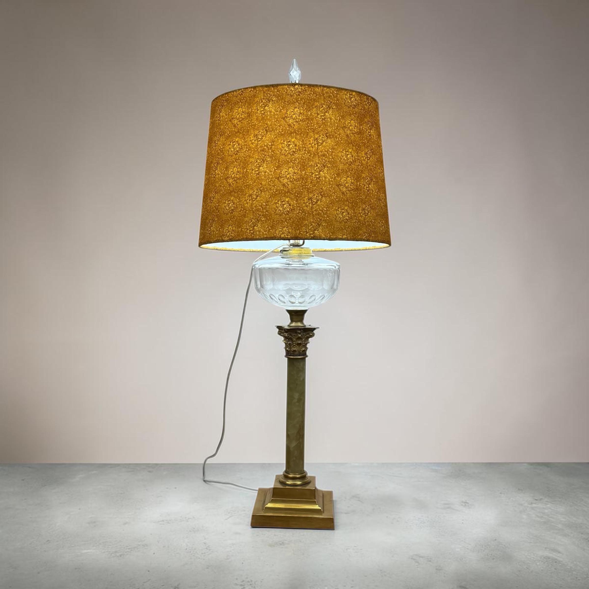 Tall Green Onyx Kerosene Lamp, Brass Electrified Onyx Lamp, Vintage Brass Lamp