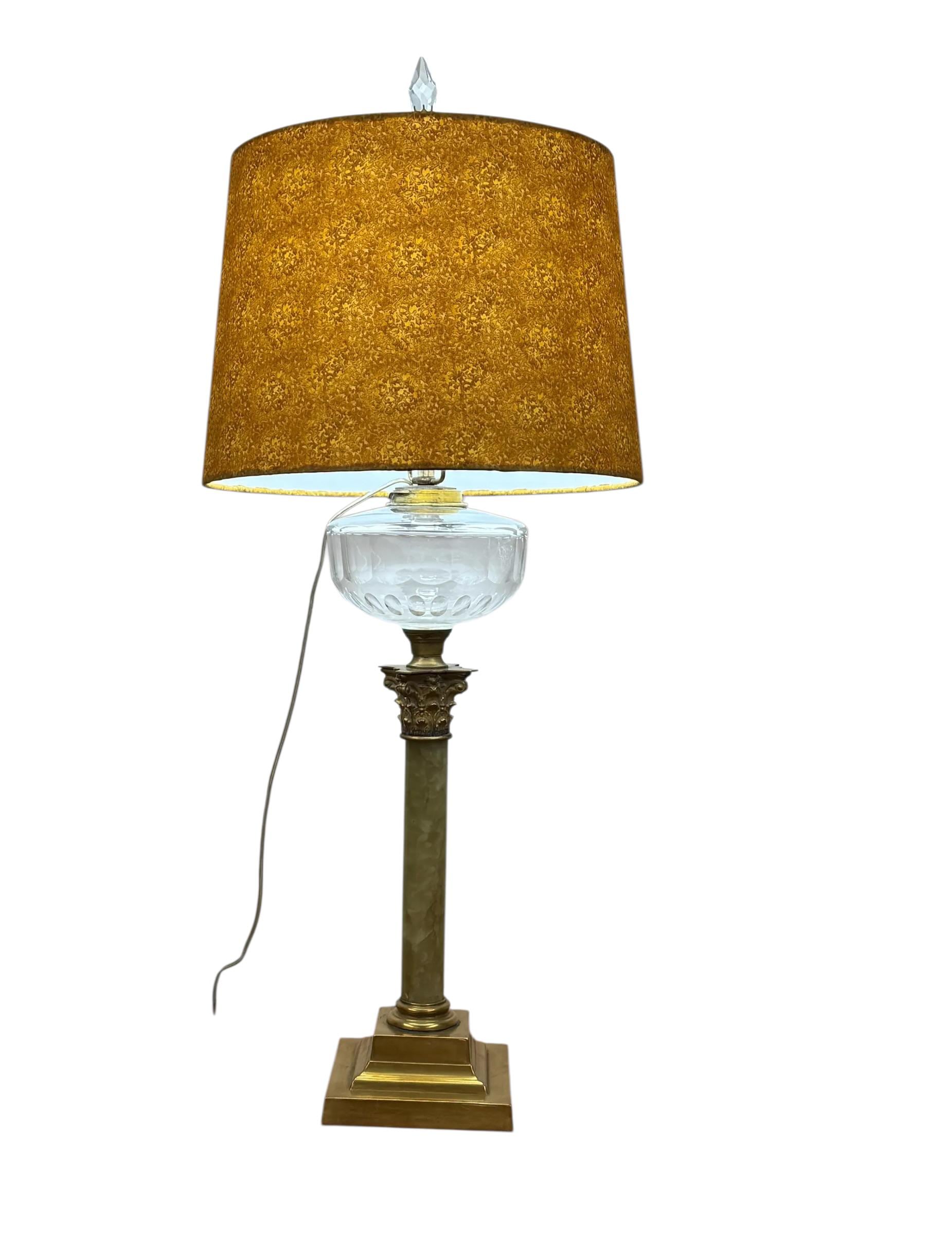 Tall Green Onyx Kerosene Lamp, Brass Electrified Onyx Lamp, Vintage Brass Lamp