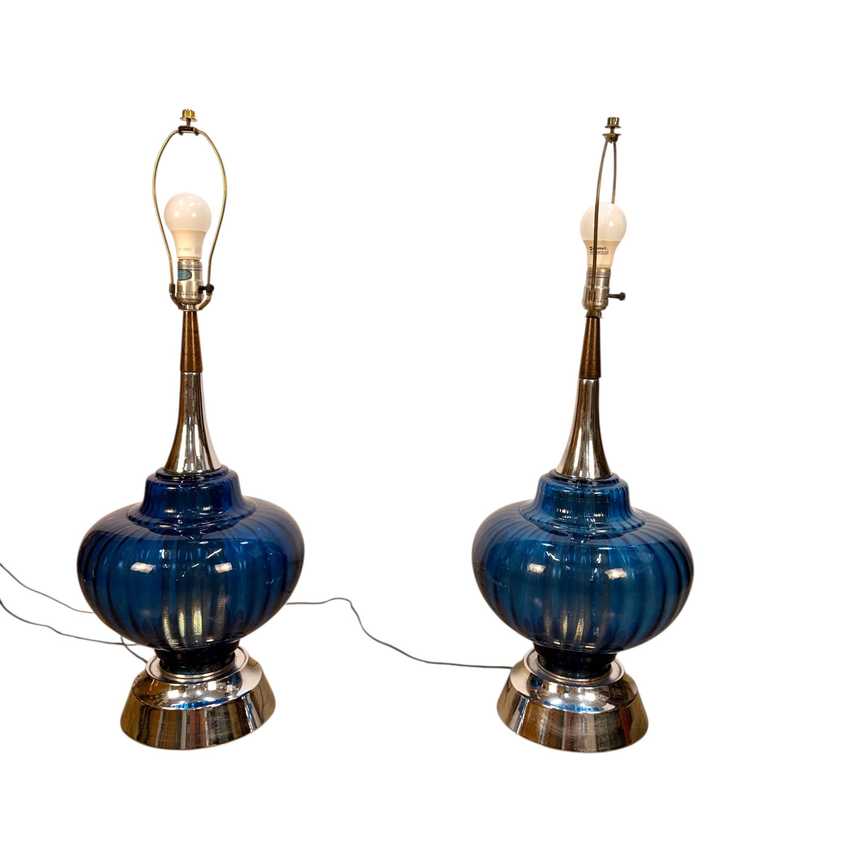 Vintage MCM Cobalt Glass Lamps, Blue Pair Vintage Lighting, Mid Century Retro Table Lamps