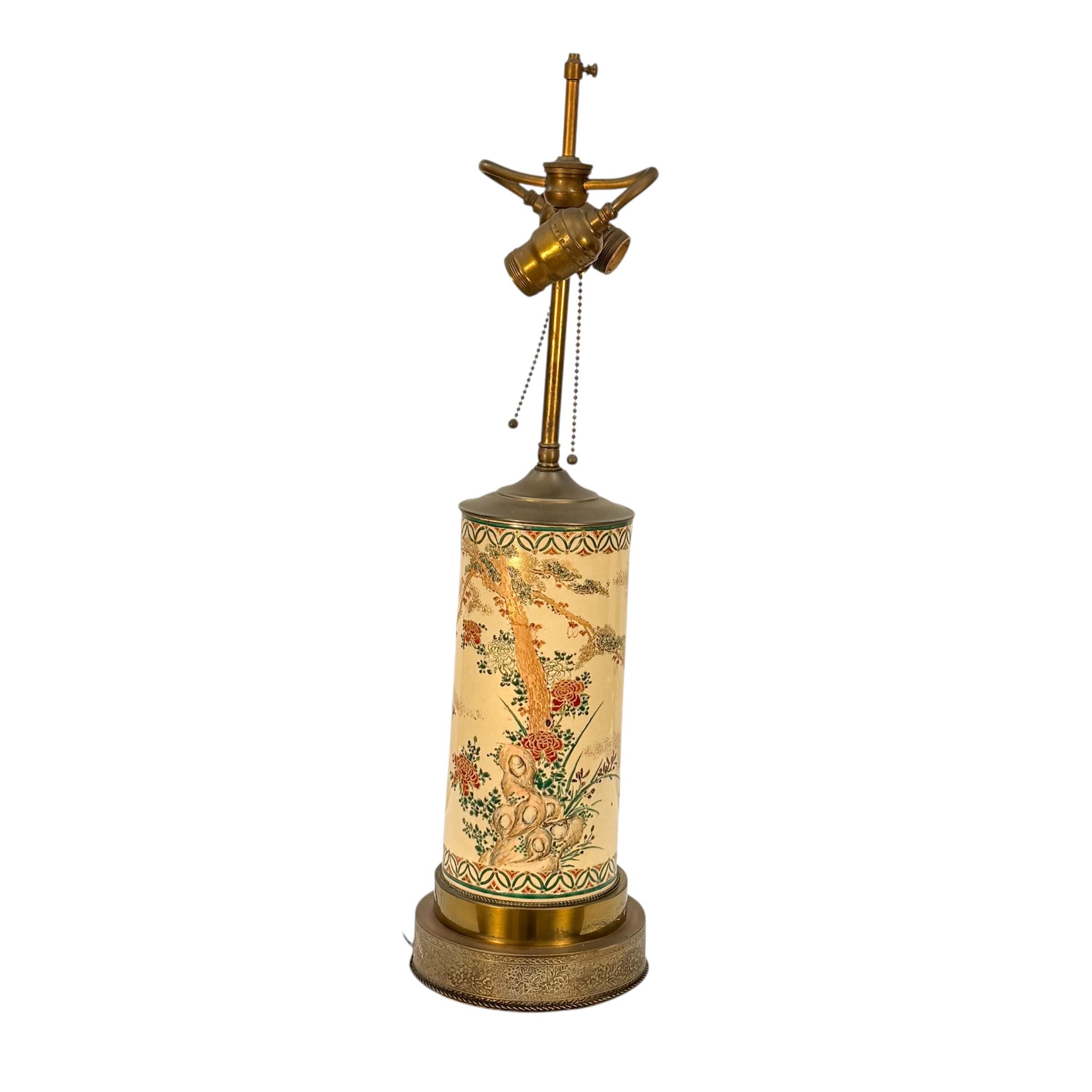 Hand Painted Japanese Decorative Cylinder Vase Lamp, Tabletop Table Lamp, Accent Floral Painted Vase Lamp