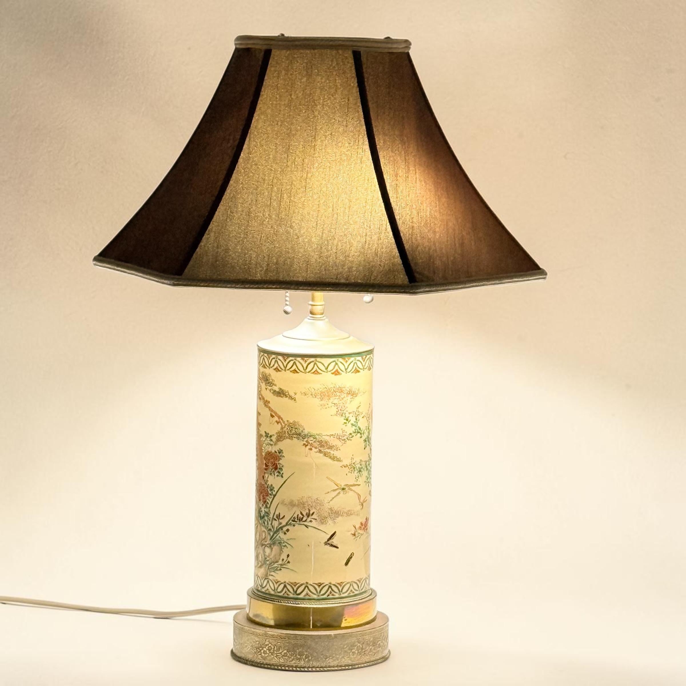 Hand Painted Japanese Decorative Cylinder Vase Lamp, Tabletop Table Lamp, Accent Floral Painted Vase Lamp