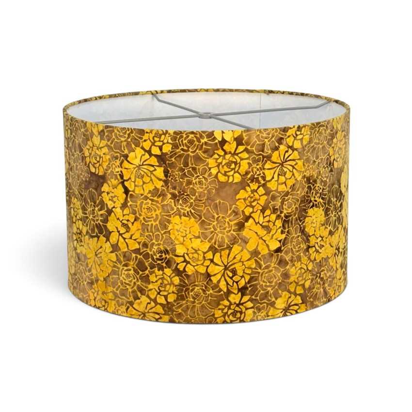 Yellow Brown Floral Drum Lampshade, Batik Cotton 16 Inch Cotton Lampshade, Handmade Floral Lampshade