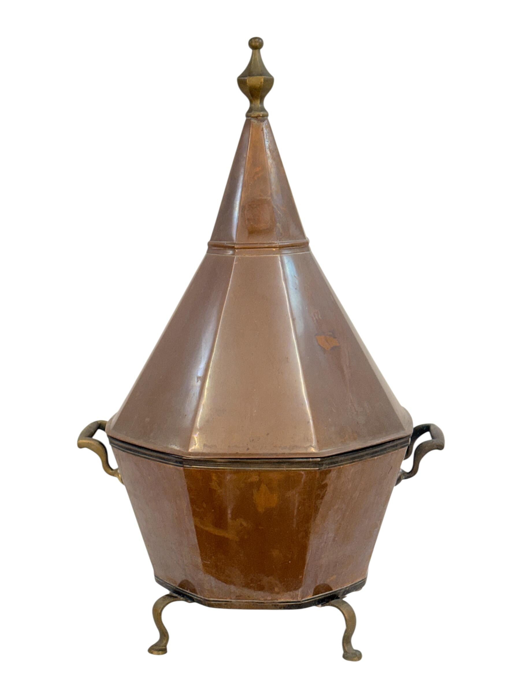 Antique Octagonal Copper and Brass Pagoda Form Lidded Coal or Kindling Bin | Large Copper Vessel