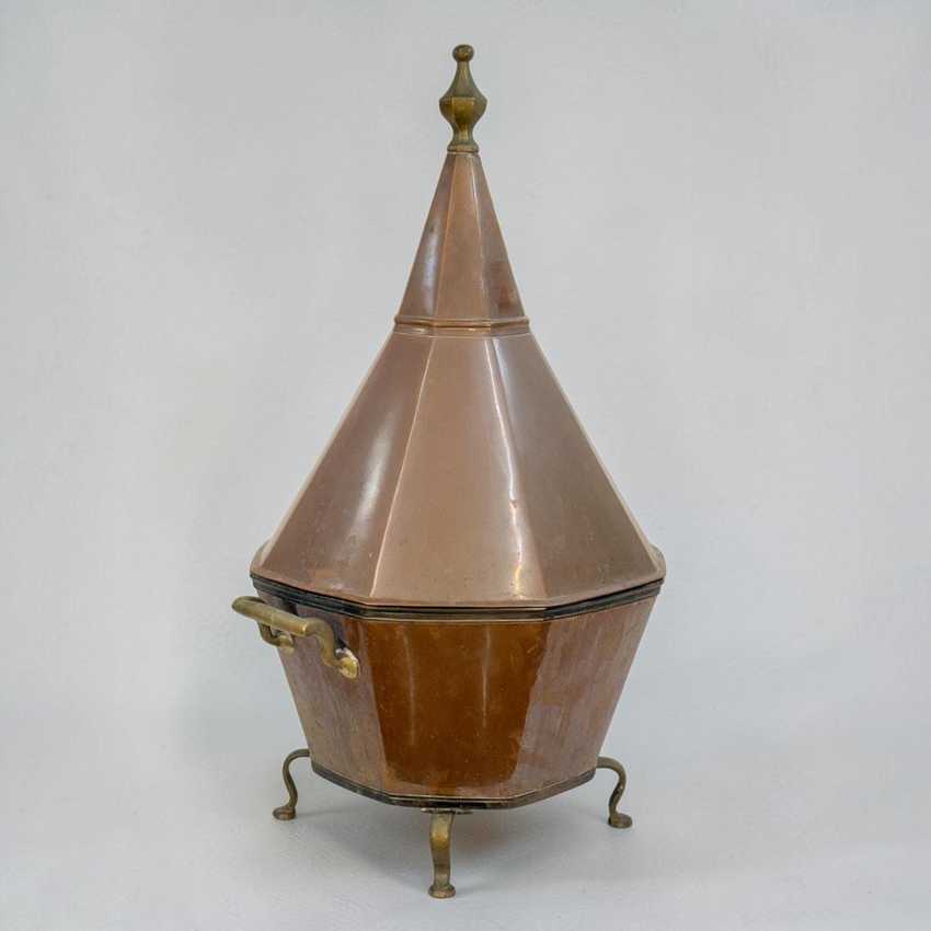 Antique Octagonal Copper and Brass Pagoda Form Lidded Coal or Kindling Bin | Large Copper Vessel