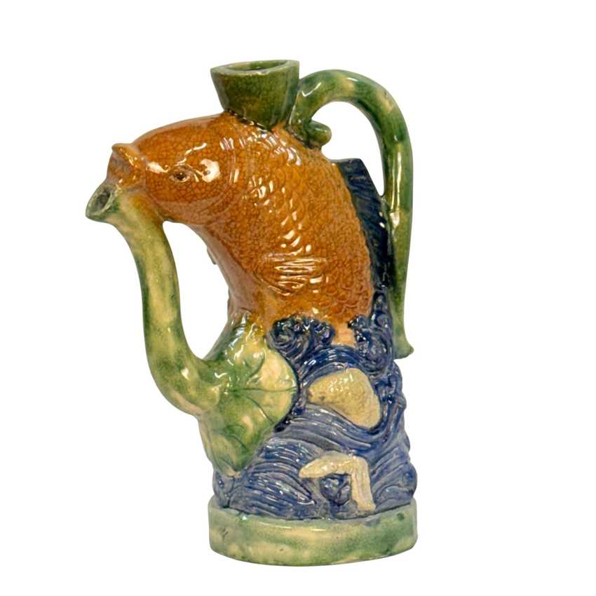 Figural Majolica-style Fish Ewer, Hand Painted Embossed Decorative Pottery, Vintage Art Fish Pitcher