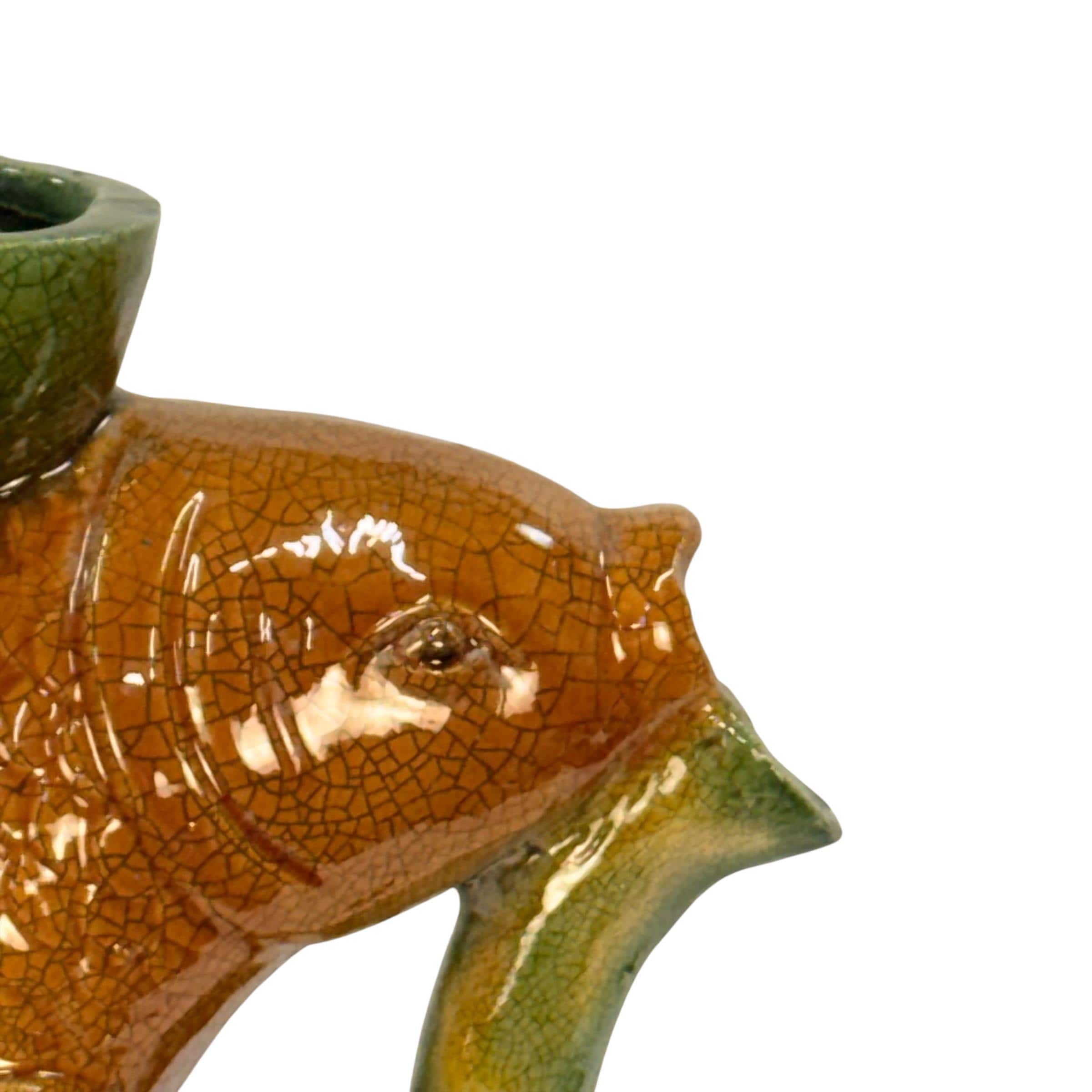 Figural Majolica-style Fish Ewer, Hand Painted Embossed Decorative Pottery, Vintage Art Fish Pitcher