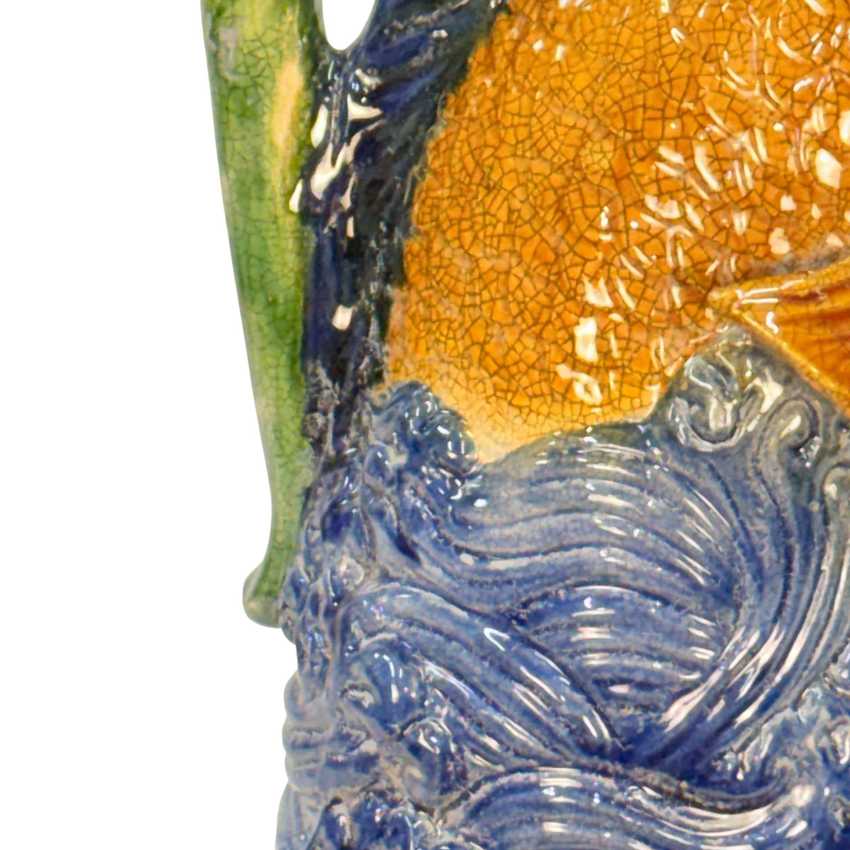 Figural Majolica-style Fish Ewer, Hand Painted Embossed Decorative Pottery, Vintage Art Fish Pitcher