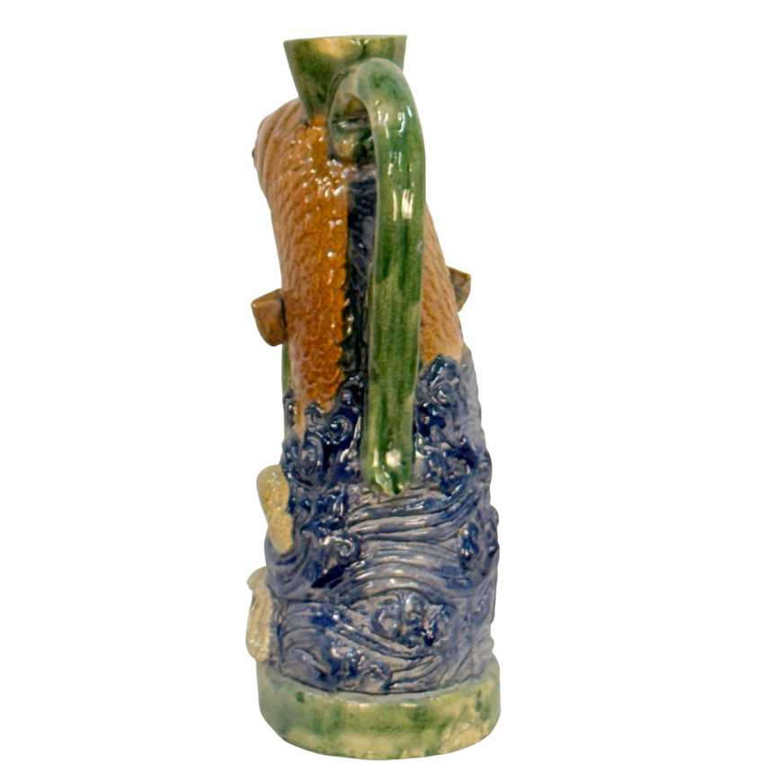 Figural Majolica-style Fish Ewer, Hand Painted Embossed Decorative Pottery, Vintage Art Fish Pitcher