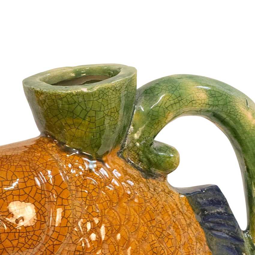 Figural Majolica-style Fish Ewer, Hand Painted Embossed Decorative Pottery, Vintage Art Fish Pitcher