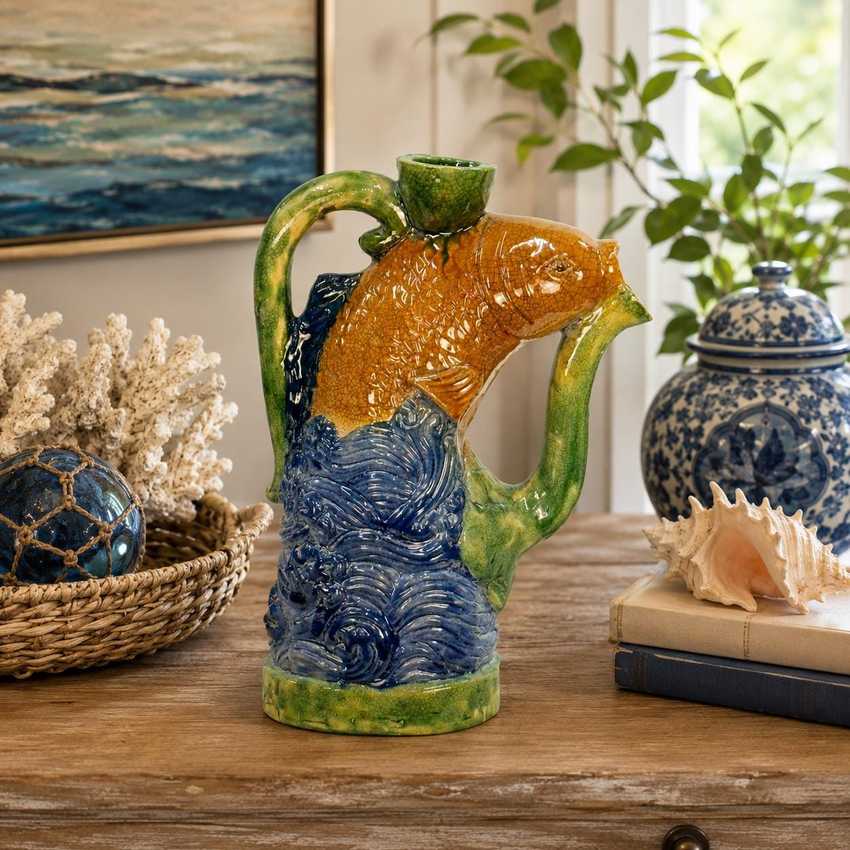 Figural Majolica-style Fish Ewer, Hand Painted Embossed Decorative Pottery, Vintage Art Fish Pitcher