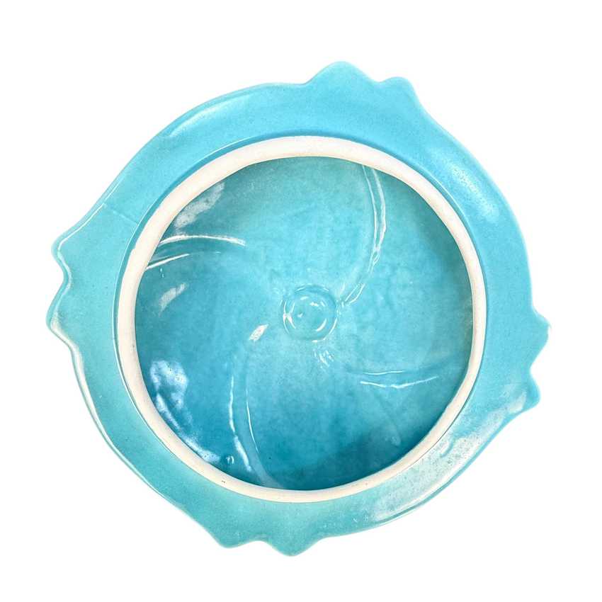 Vintage MCM Turquoise Chip & Dip Set | 16.5 in Mid Century Modern Ceramic Serving Platter with Lidded Bowl | Aqua and White Leaf Snack Tray