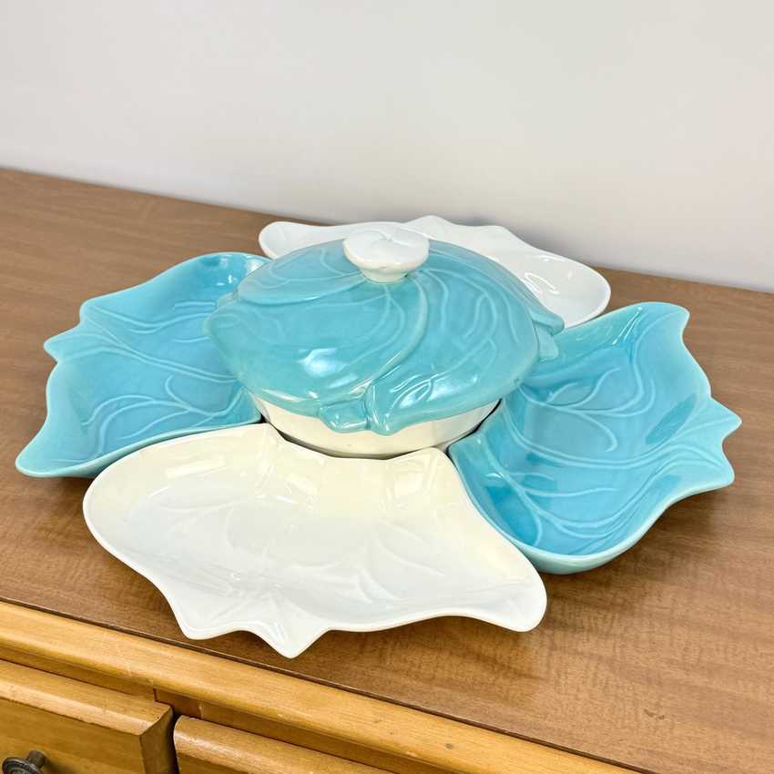 Vintage MCM Turquoise Chip & Dip Set | 16.5 in Mid Century Modern Ceramic Serving Platter with Lidded Bowl | Aqua and White Leaf Snack Tray