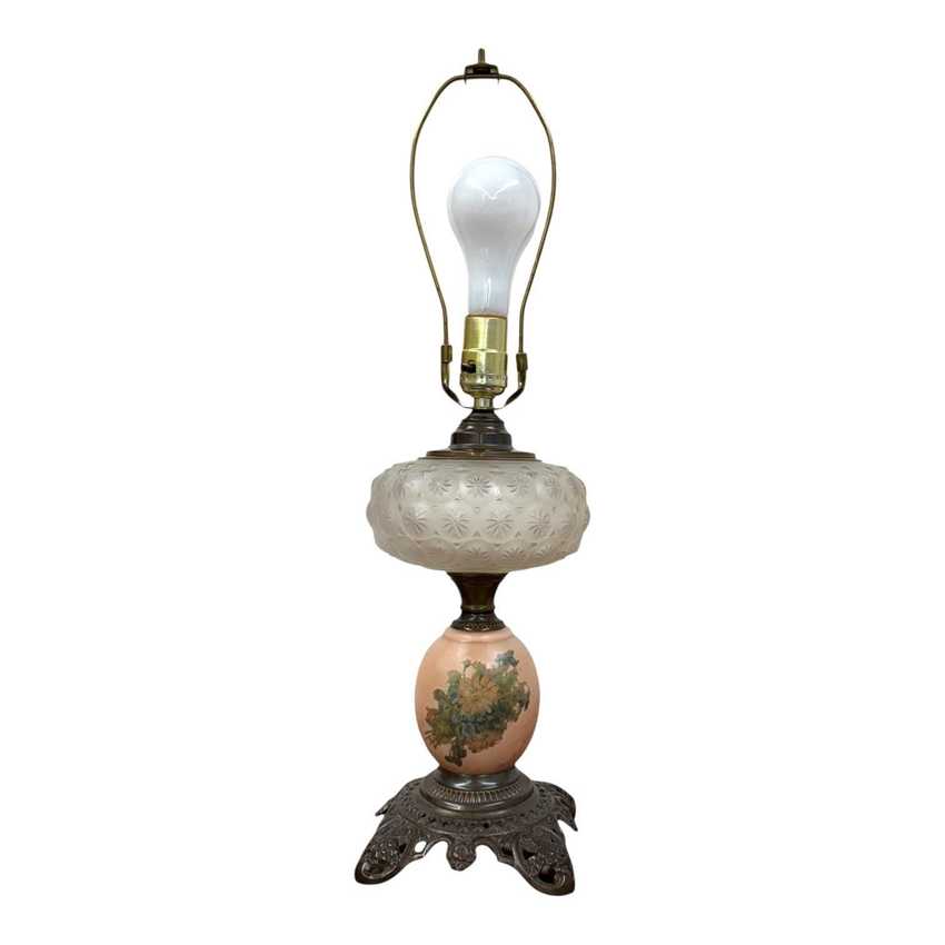 Electrified Glass Pressed Oil Lamp | Pink Floral Table Lighting | Vintage Star Electrified Lamp