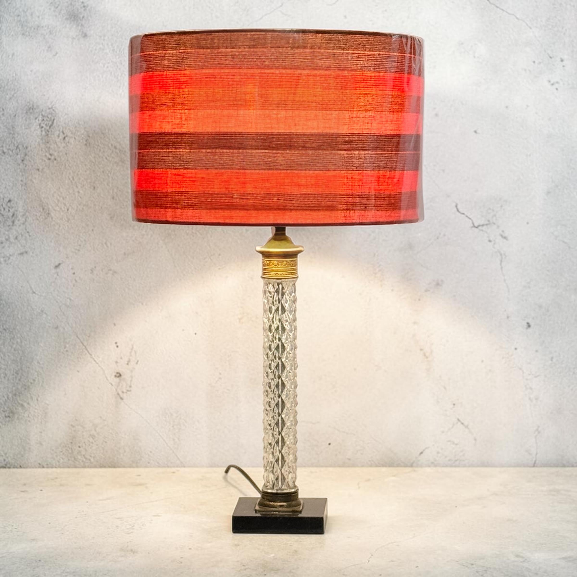 Tall Vintage Diamond Pattern Crystal Glass Lamp | Table Lamp | Brass and Black Vintage Lamp