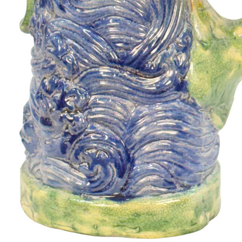 Figural Majolica-style Fish Ewer, Hand Painted Embossed Decorative Pottery, Vintage Art Fish Pitcher