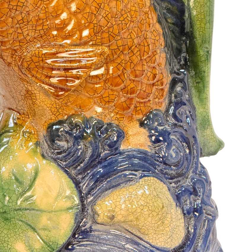 Figural Majolica-style Fish Ewer, Hand Painted Embossed Decorative Pottery, Vintage Art Fish Pitcher