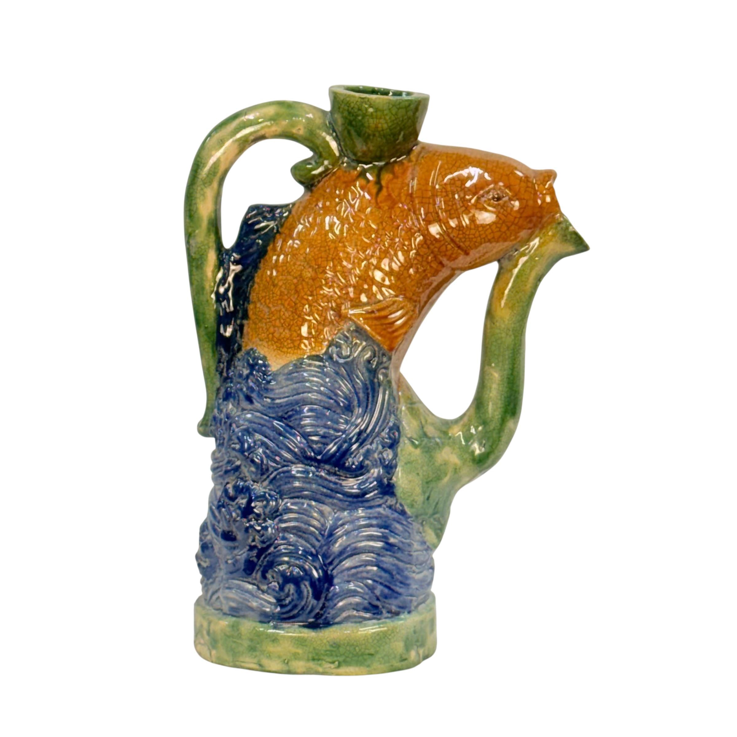 Figural Majolica-style Fish Ewer, Hand Painted Embossed Decorative Pottery, Vintage Art Fish Pitcher