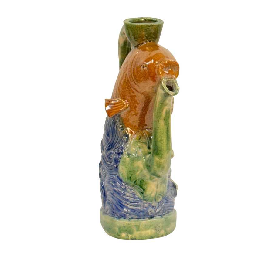 Figural Majolica-style Fish Ewer, Hand Painted Embossed Decorative Pottery, Vintage Art Fish Pitcher