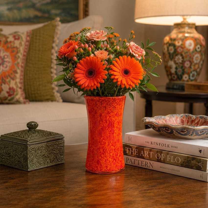 Vintage Hand Blown Art Glass Vase | Orange Speckled Cased Glass Vase | Mid Century Modern Decor | 6.5” Flower Vase | Retro Home Accent