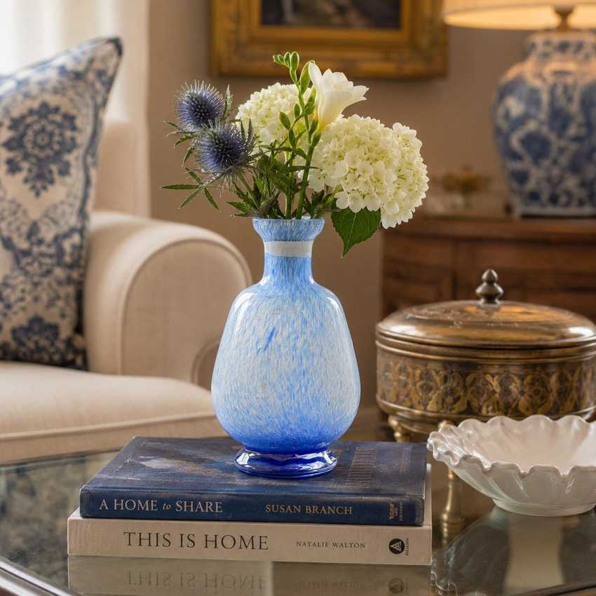 Vintage Hand Blown Art Glass Bud Vase | Blue & White Cased Glass Vase | Small Flower Vase | Mid Century Modern Decor | 5.75 Inch Vase