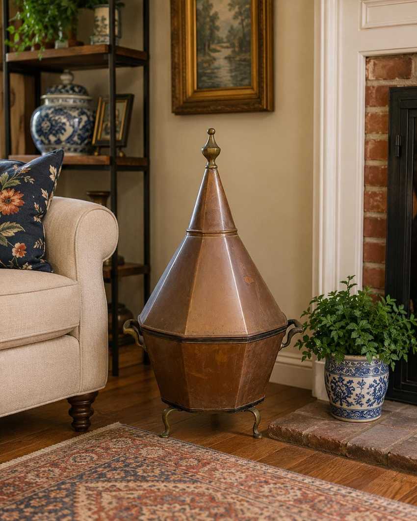 Antique Octagonal Copper and Brass Pagoda Form Lidded Coal or Kindling Bin | Large Copper Vessel