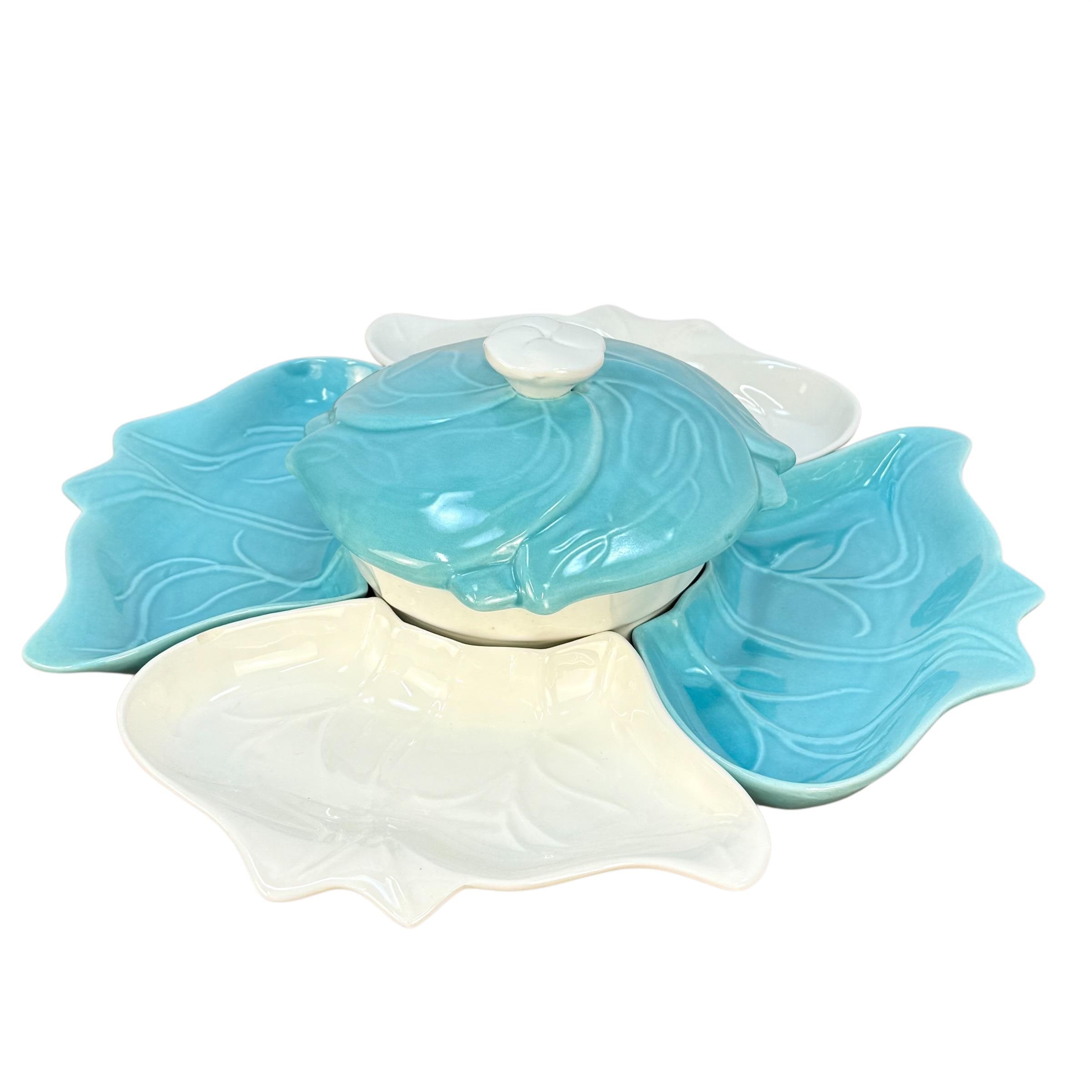 Vintage MCM Turquoise Chip & Dip Set | 16.5 in Mid Century Modern Ceramic Serving Platter with Lidded Bowl | Aqua and White Leaf Snack Tray