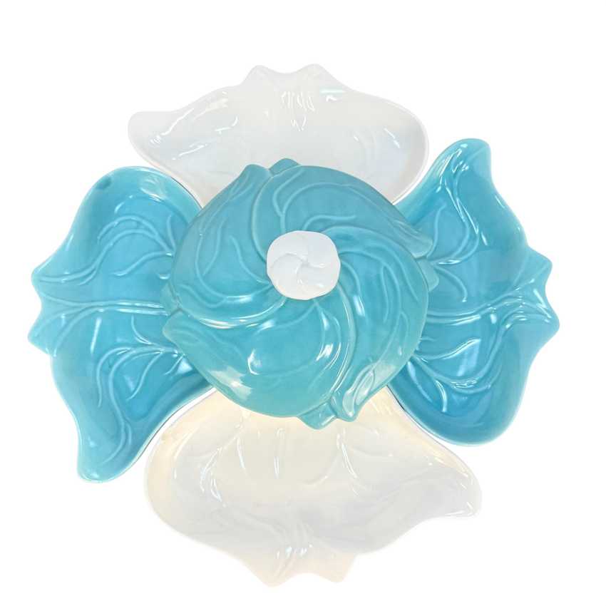 Vintage MCM Turquoise Chip & Dip Set | 16.5 in Mid Century Modern Ceramic Serving Platter with Lidded Bowl | Aqua and White Leaf Snack Tray