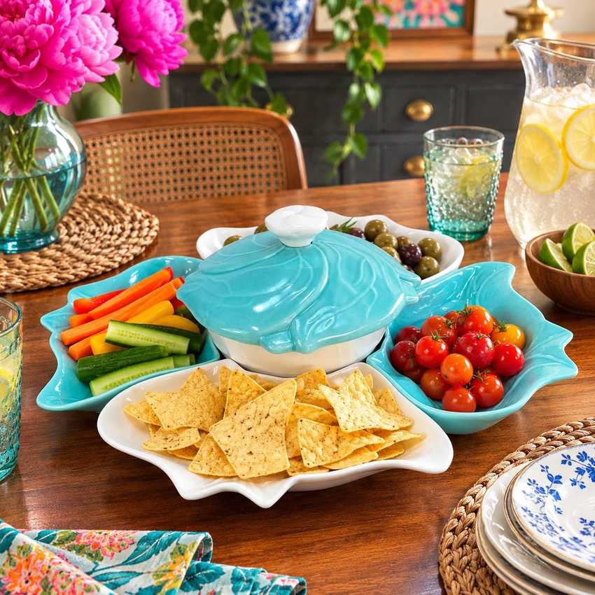 Vintage MCM Turquoise Chip & Dip Set | 16.5 in Mid Century Modern Ceramic Serving Platter with Lidded Bowl | Aqua and White Leaf Snack Tray